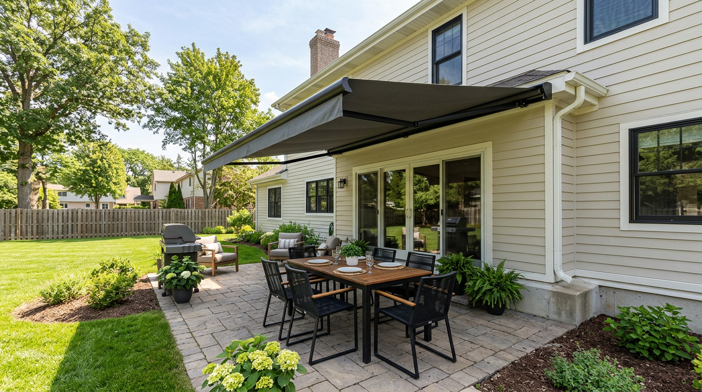 Charcoal retractable awning extended over a stone paver patio with outdoor dining set